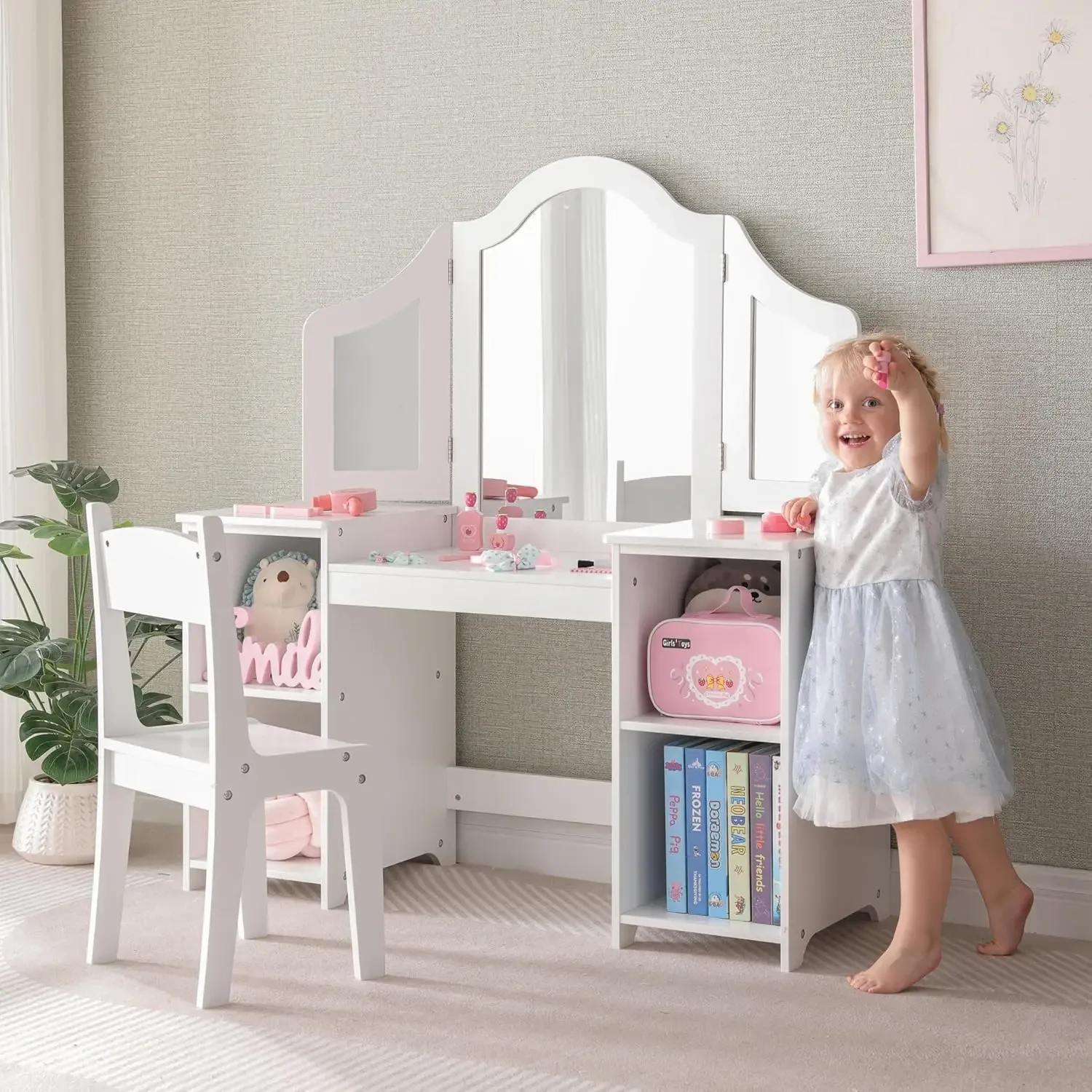 

2 in 1 Kids Vanity Set, Princess Makeup Table and Chair with Open Storage Cabinet, Pretend Play Vanity with Detachable