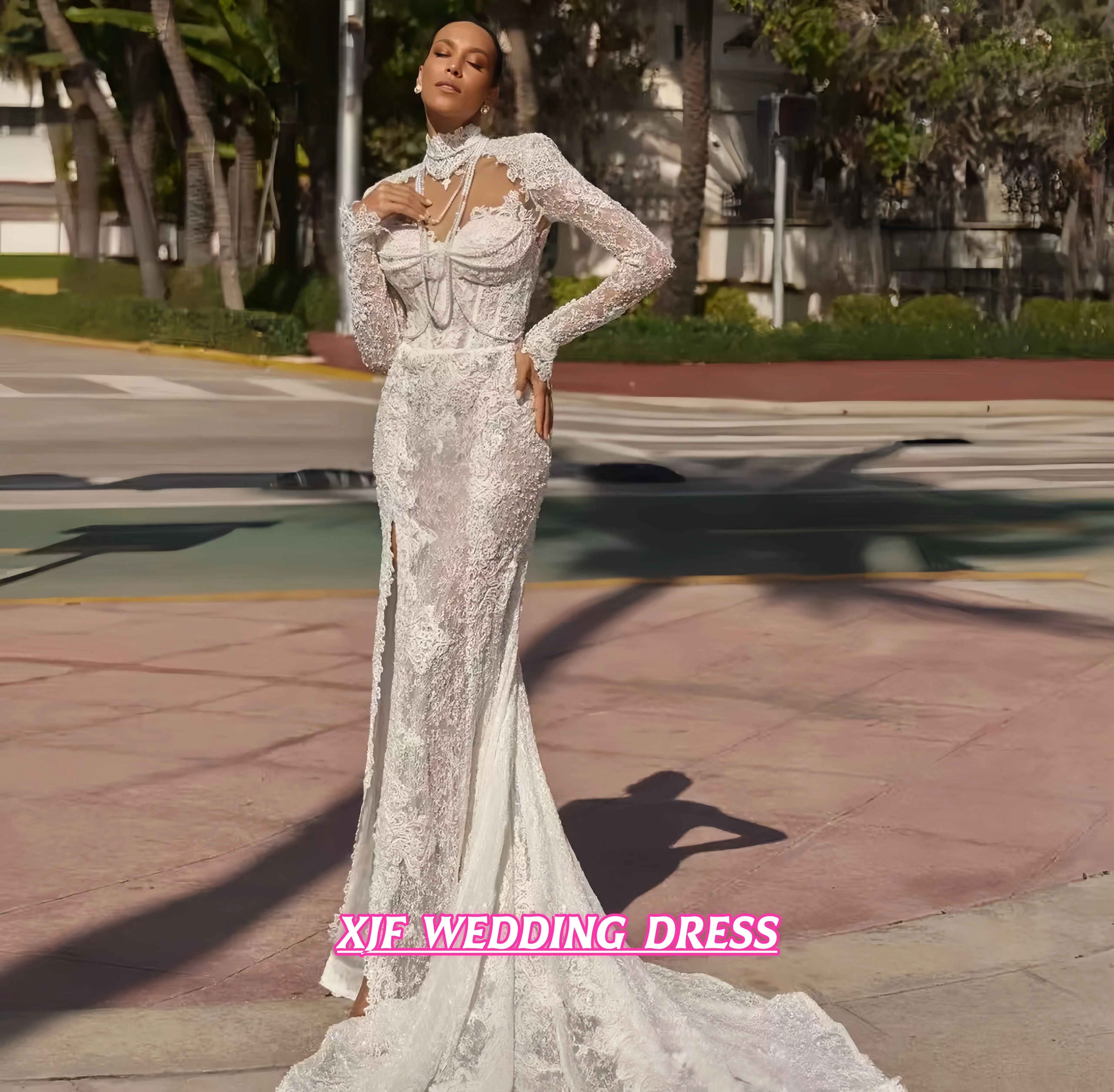

Свадебное платье-русалка с высоким воротником и длинными рукавами, кружевное, сексуальное, на заказ, для невесты, свадебное платье, vestidos de novia