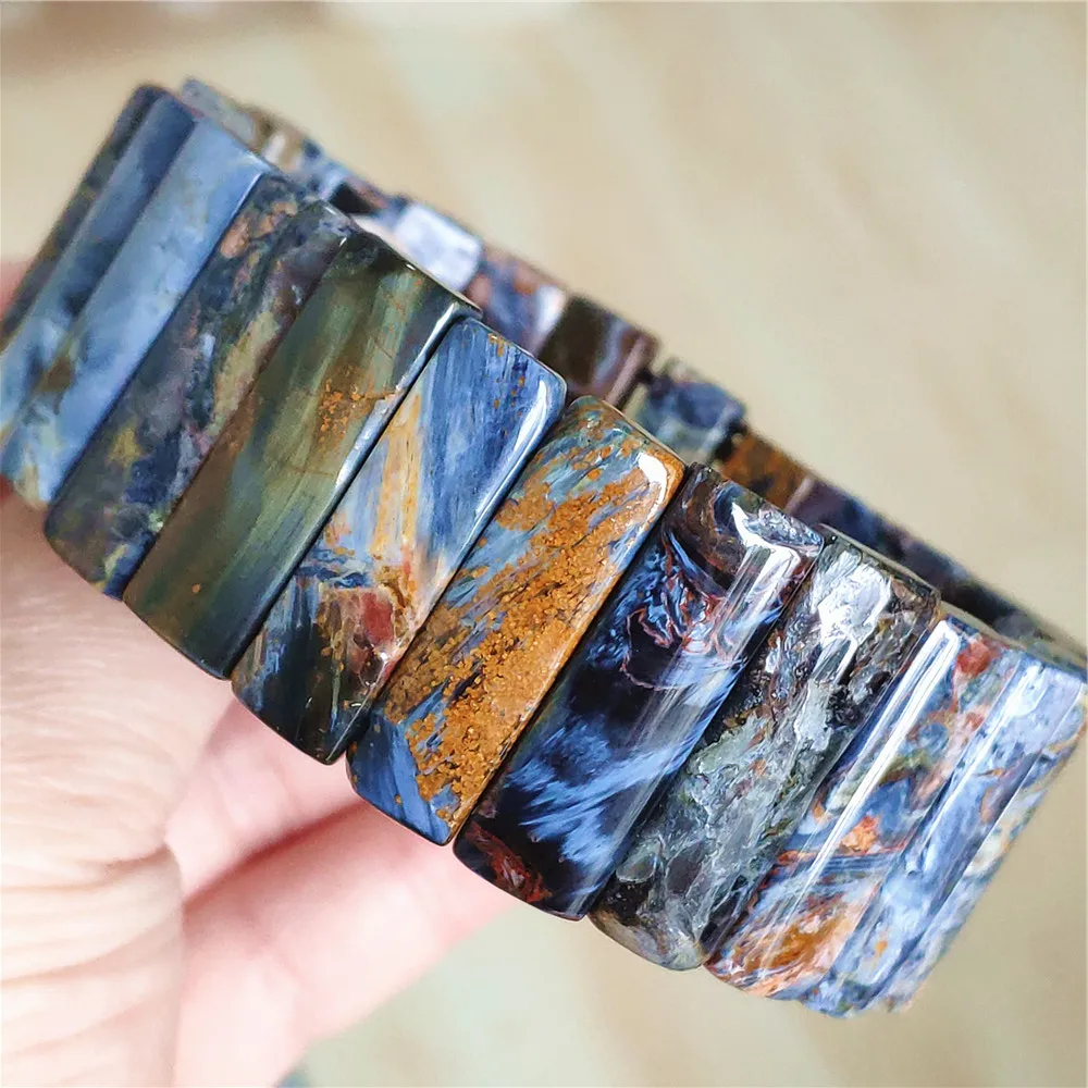 Natural Blue Pietersite Chatoyant Rectangle Bead Bracelet Jewelry Big Bangle 27x8mm Healing Cat Eye Namibia Women Men AAAAAA