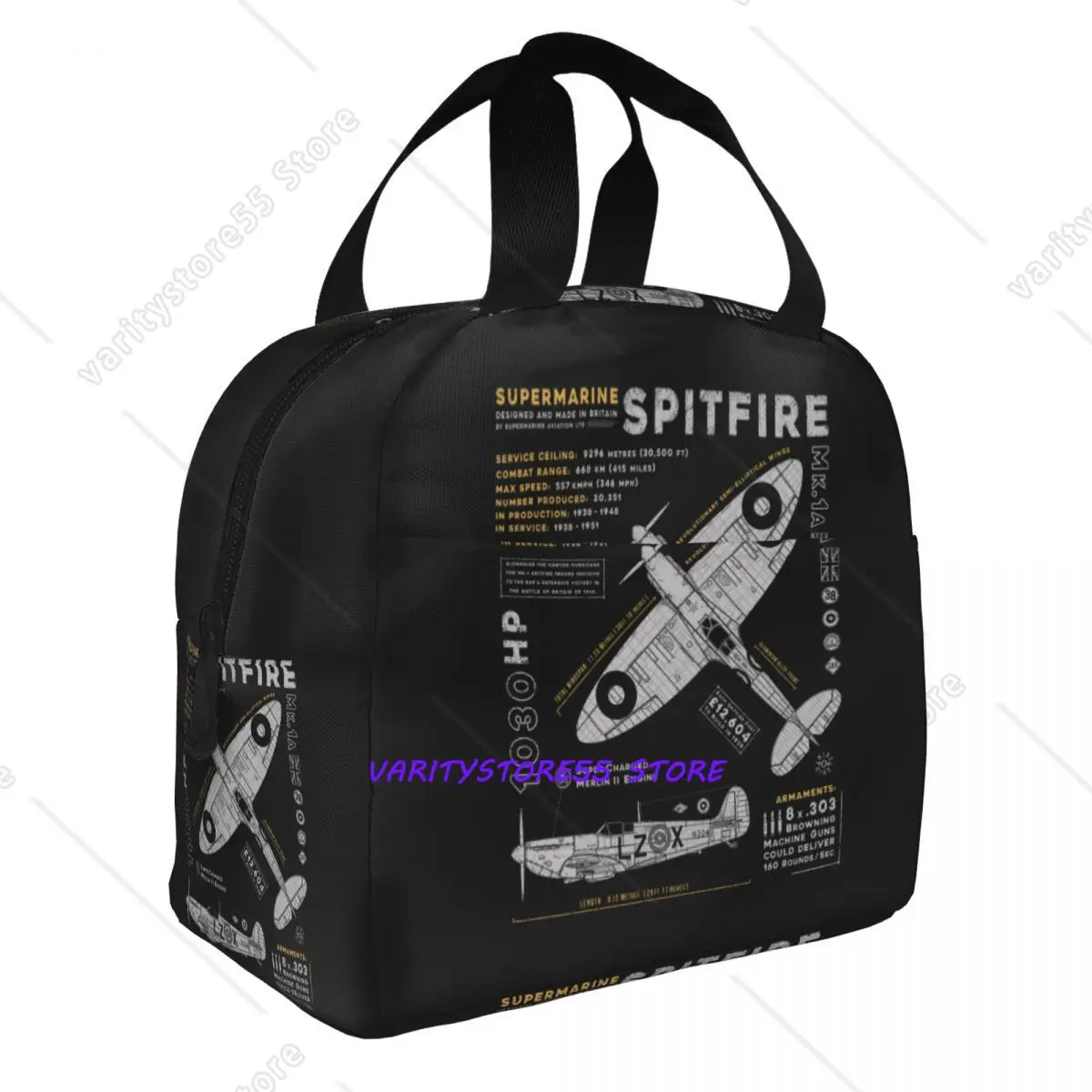 Custom Supermarine Spitfire Insulated Lunch Tote Bag Fighter Pilot Aircraft Airplane Plane Portable Cooler Thermal Bento Box