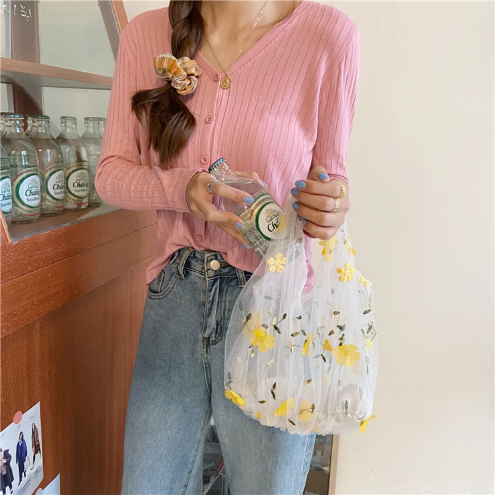 Korean Light Transparent Silk Mesh Handbag Floral Art Mesh Embroidery Large Capacity Tote Bag For Women And Girls Shopping Totes