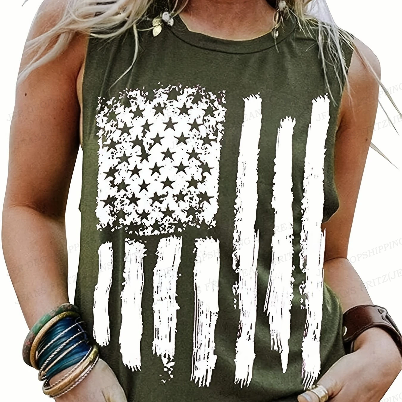 American Flag Print Sleeveless Tank Tops Women\'s Fashion Usa Flag Vest Vintage Tanks Tops Crew Neck Tops Tees Womens Clothing