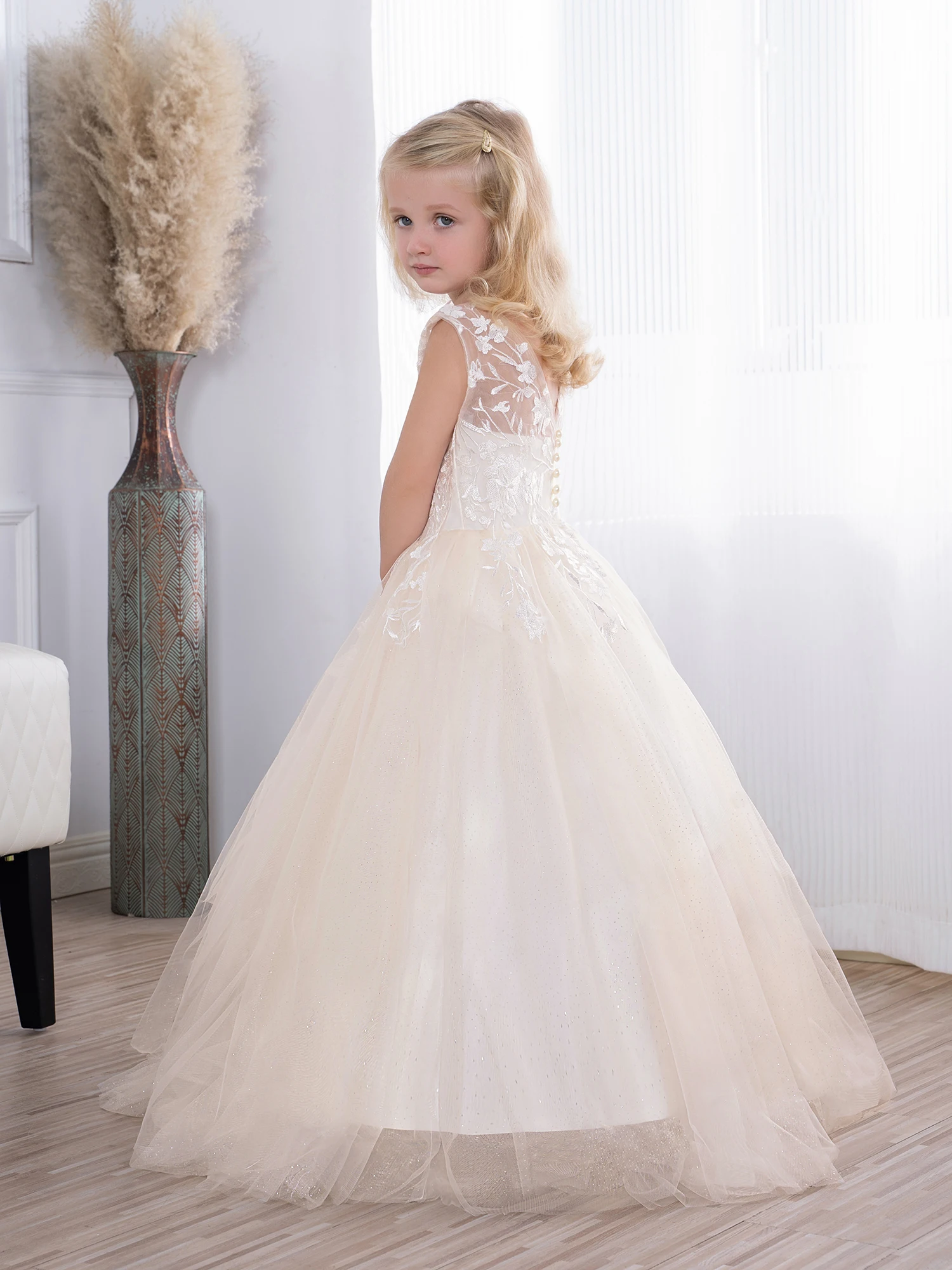 Light Champagne Flower Girl Dress Lace Tulle Glitter Child Wedding Party Dress Princess Ball Gown Communion Robe Princesse Fille