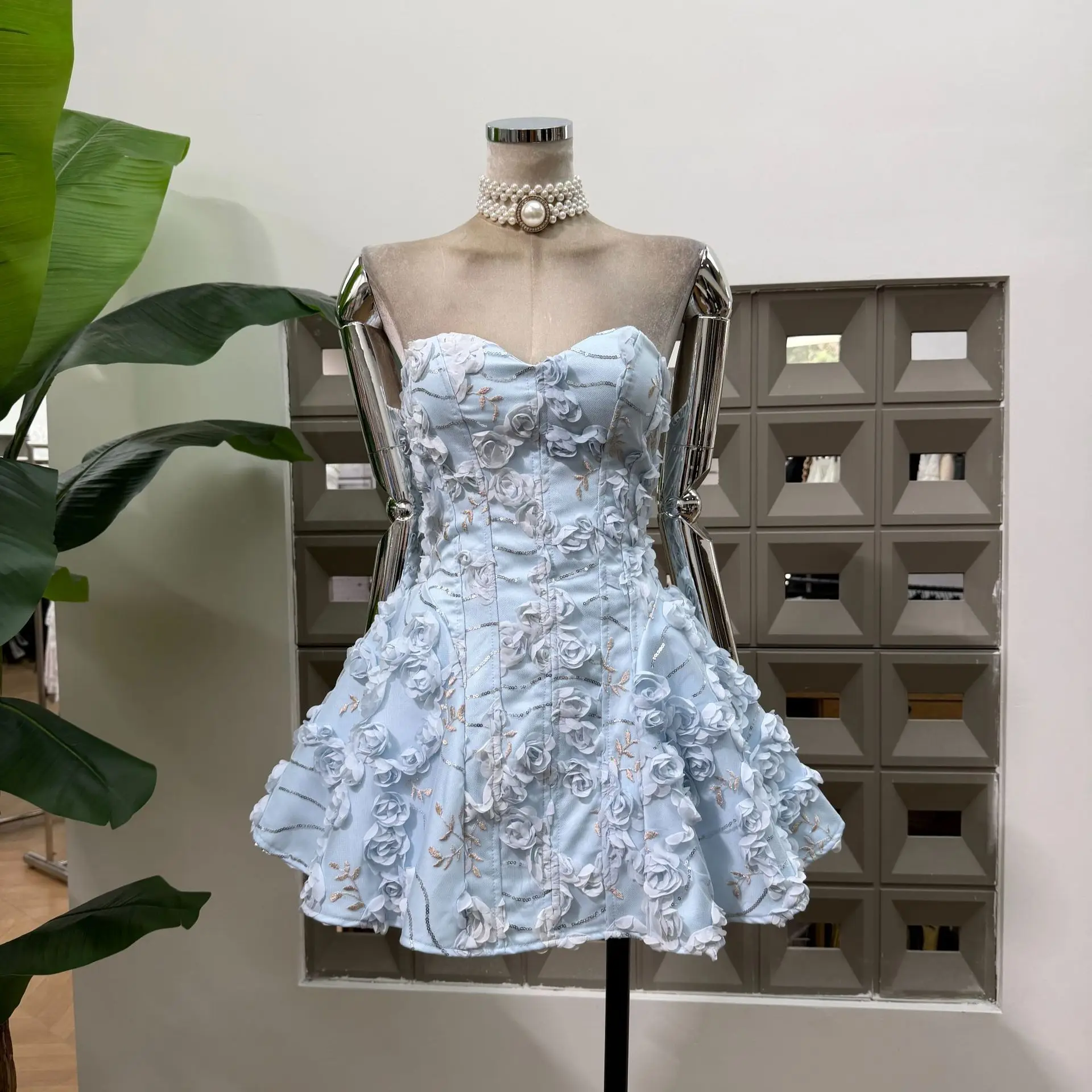 

3D Flower Embroidery Corset Mini Dress Strapless Sweetheart Neck A Line Luxury Cocktail Party Gown Dresses For Women Vestidos
