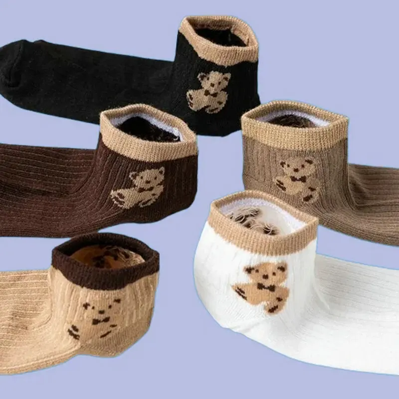 Chaussettes courtes à bouche peu profonde pour femmes, ours, décontracté, assressenti, mignon, tube court Teddy, nouveau, printemps, été, 2024, 5 paires