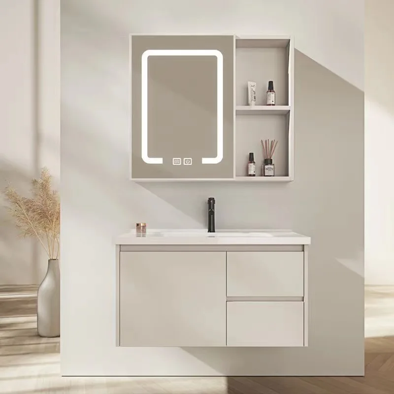 

Cream wind simple space aluminum bathroom cabinet ceramic integrated basin bathroom cabinet wash basin smart mirror