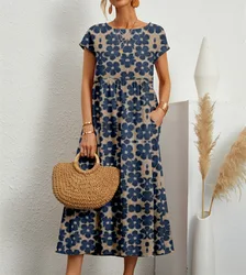 Women's Dress Summer New Round Neck Short Sleeve Cotton Pleated Elegant Dress Fashion Boho Combination Vintage Long Dress S-XXL