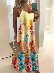 Summer Fashion Loose Women's Long Dress Colorful Botanical Flower Print V-Neck Print Casual Long Dress Bohemian Beach Dress