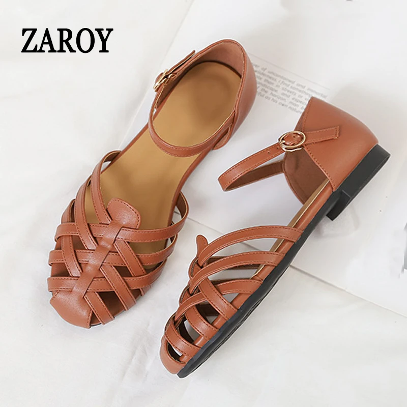 ZAROY Vintage Römische Sandalen für Damen, Sommer, niedrige Absätze, gewebt, hohl, Knöchelschnalle, Gladiator-Schuhe, lässige Urlaubs-Strand-Flachsandalen