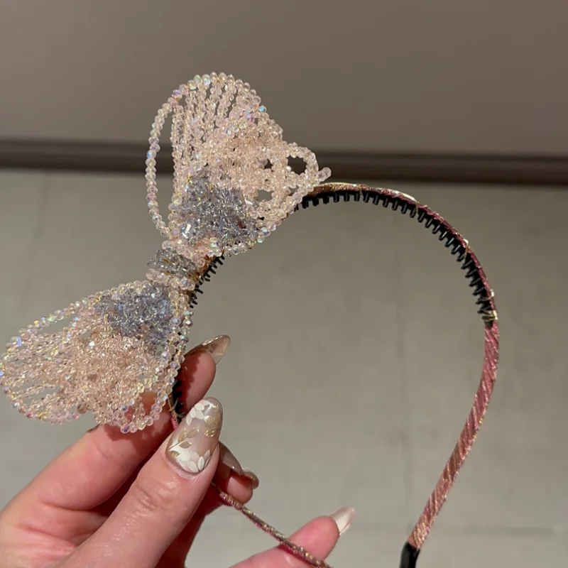 New Pink Crystal Hair Hoop Luxury Sparkling 3D Bow Headband Hairband Decoration with Anti Slip Toothed Hair Accessories Headwear