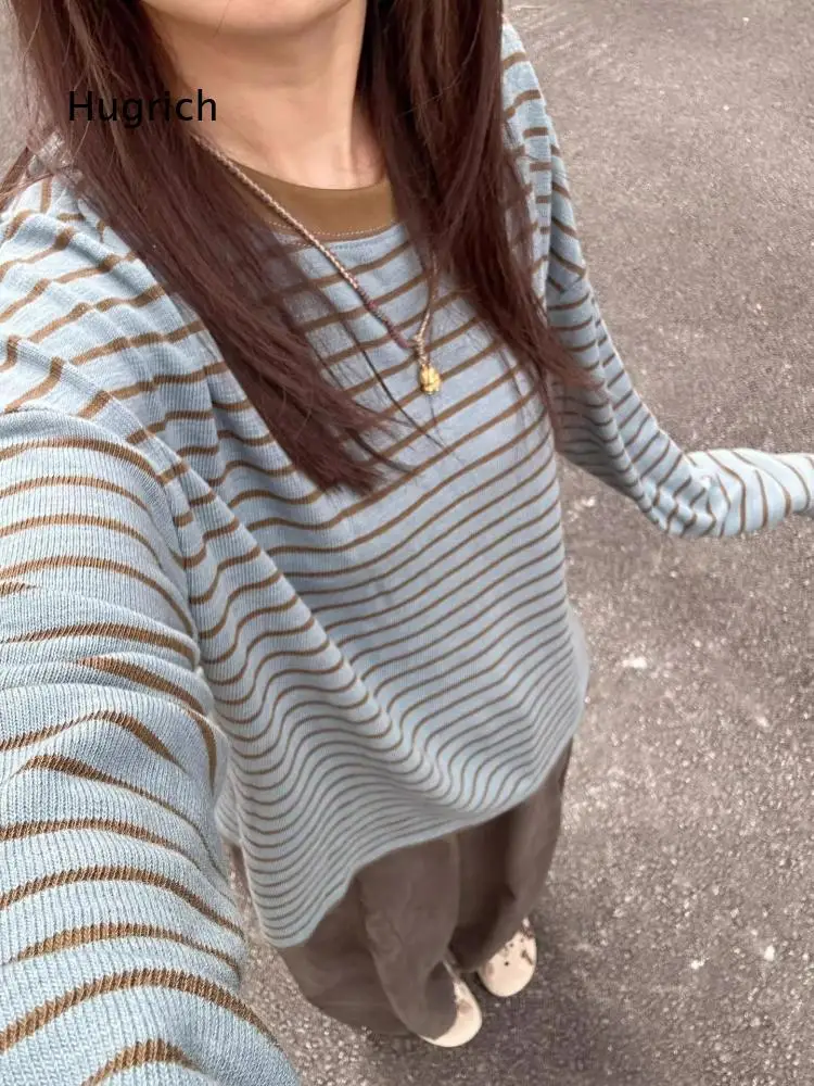 Womens Horizontal Stripe Long Sleeve Top Round Neck Contrast Neckline Design Loose Silhouette Soft Knit For Daily Casual Look