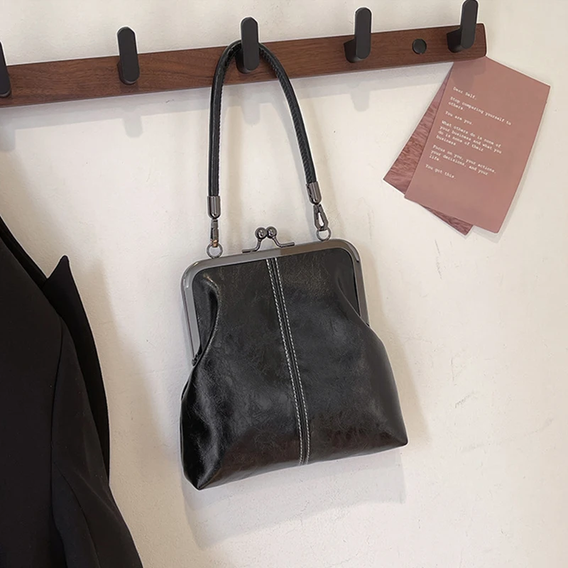 Elegante Clip Lock Umhängetasche Große Kapazität PU Leder Umhängetasche Einfarbig Retro frauen Kleine Handtasche – Detail 17