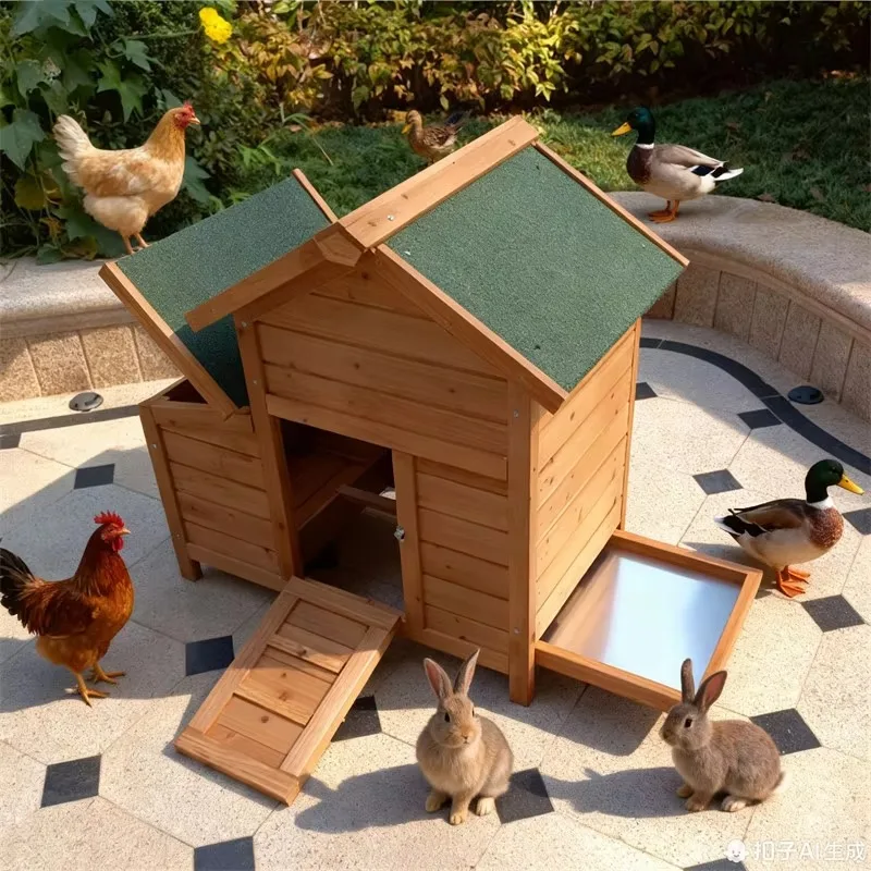 

Simple-Clean Waterproof Wooden Chicken Coop Multi-Use Poultry & Rabbit Breeding Cage with Yard & Nesting Box for Animal Use