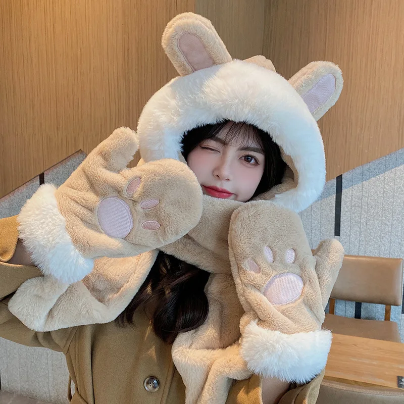 New Cute Bear Ear Hat Scarf Gloves Set Winter Women Beanies Caps Warm Casual Plush Hats Casual Solid Fleece Girl Kawaii Present