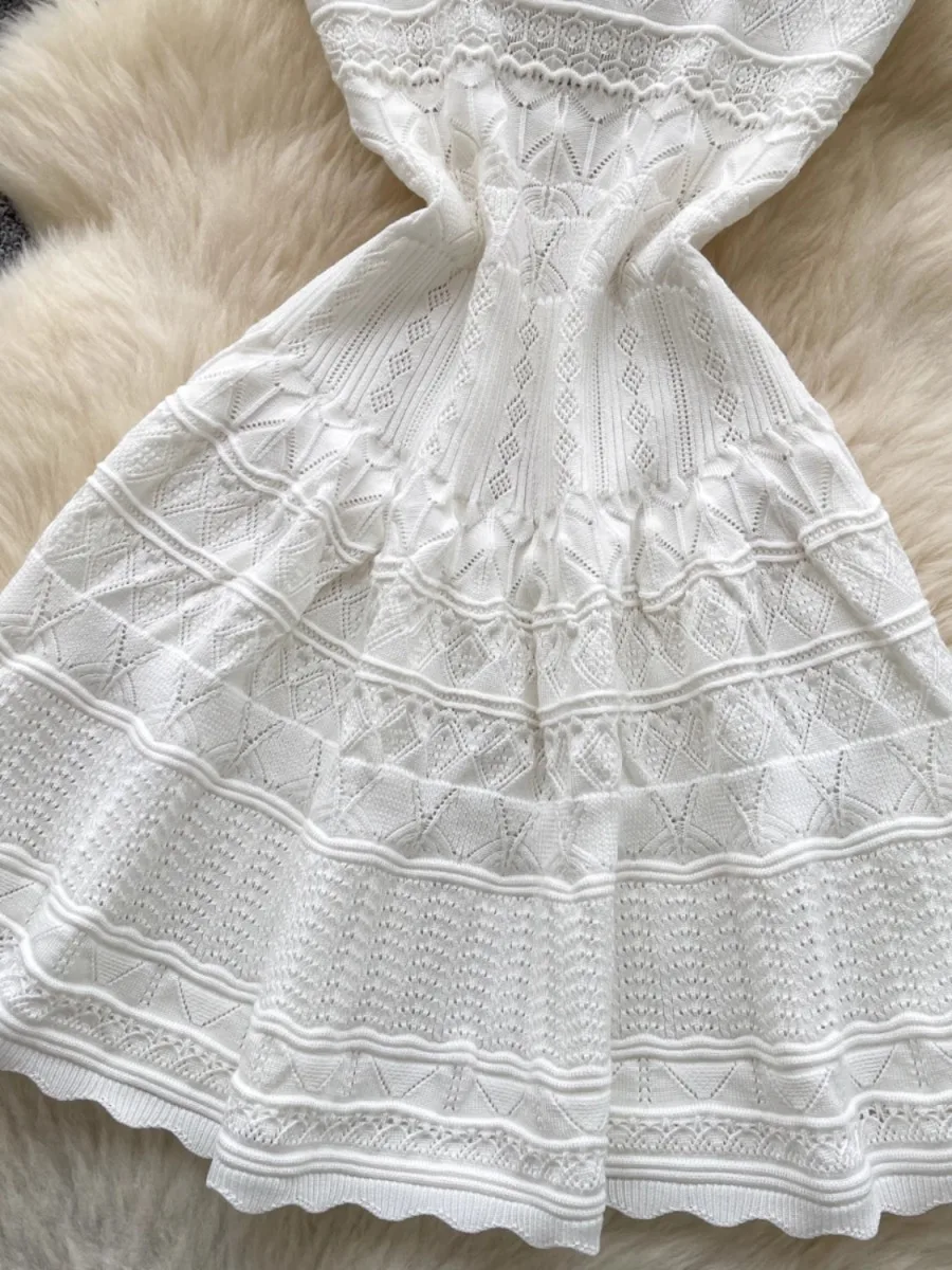 Foamlina Elegant French Retro U-Neck Knitted Dress Women's Summer Cutout Crochet Slim Fit Chic Mini Short A-line Dresses