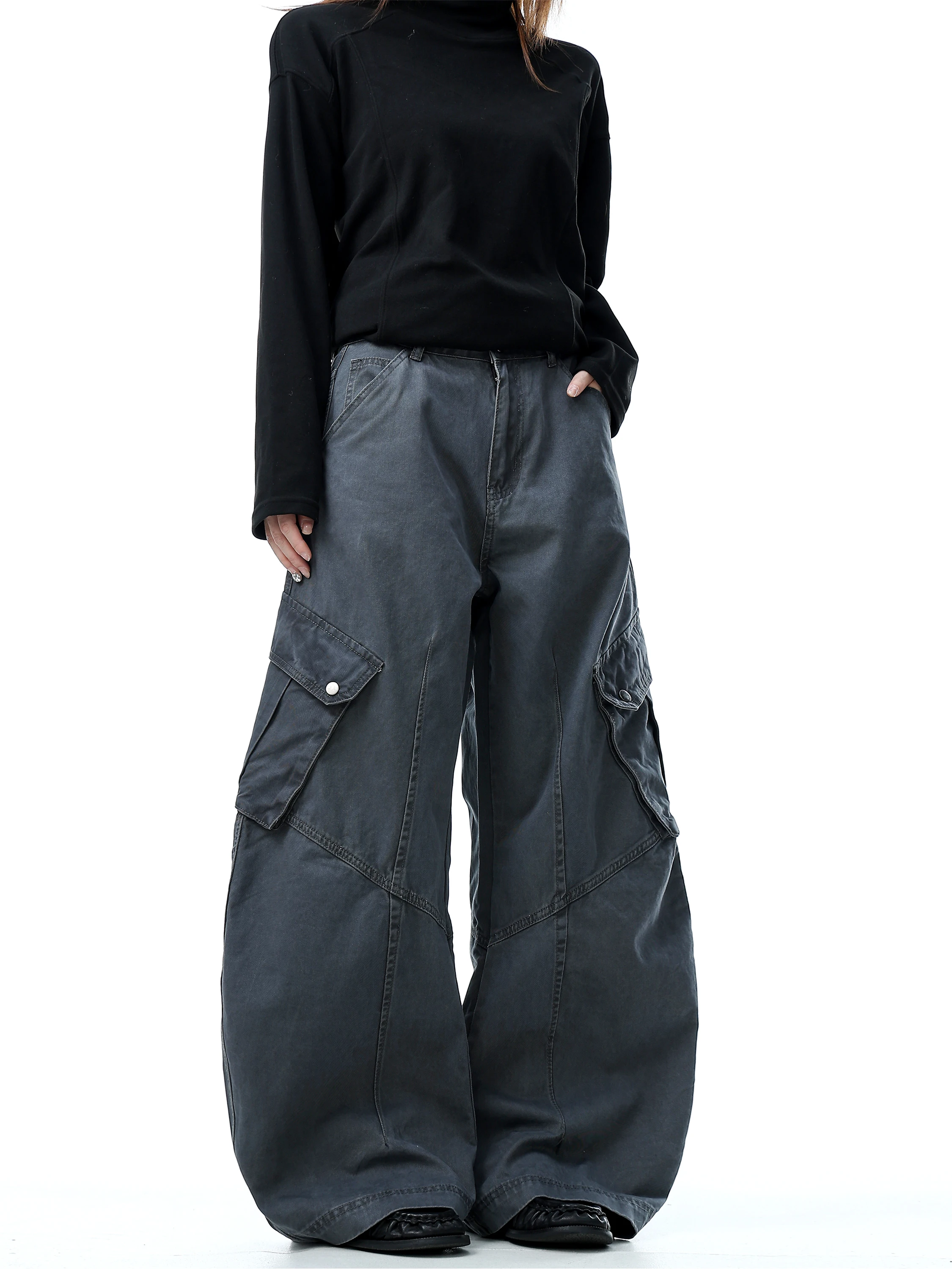 

American Retro Decosition Design Loose Wide Leg Knife Jeans Workwear Trousers for Men Deep ey Youth Faion