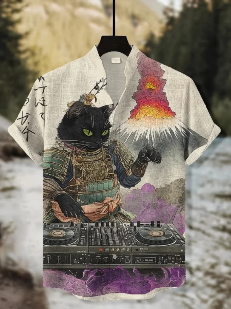 Men's Black Cat Warrior DJ Volcanic Eruption Print Short Sleeve Shirt Stylish Harajuku Hip hop Man Clothings Retro Stand Collar