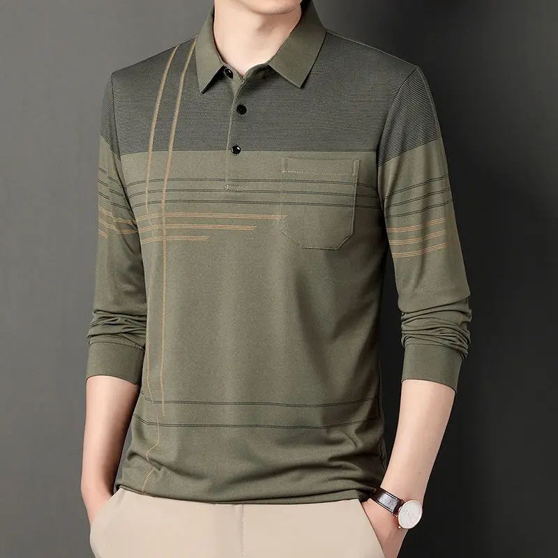 Streetwear Fashion Men Striped Polo Shirts Spring Autumn New Cotton Male Clothes Pockets Long Sleeve Casual Loose Business Tops