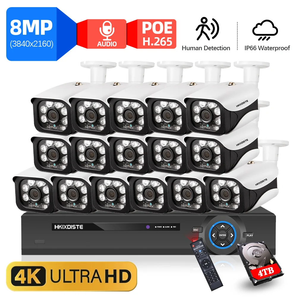 

4K 8MP POE Security Camera System 16CH P2P AI Video Surveillance Kit Audio Record Outdoor Home Street 8MP IP Camera CCTV Nvr Set