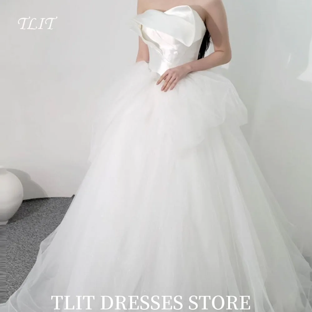فستان زفاف أنيق من التول الأبيض من TLIT بدون حمالات بدون أكمام فساتين زفاف كورية فستان زفاف تبادل لاطلاق النار حسب الطلب