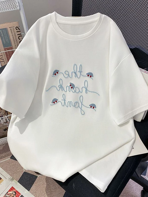 Extra Large 300 Pounds European Style Unique Beautifully Embroidered Letter Short Sleeve T-Shirt Women Summer Loose Versatile...