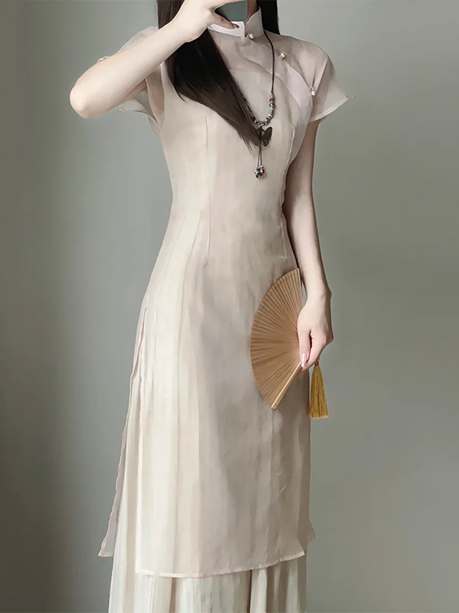 2023 Summer Beige Vintage Style Cheongsam Short Sleeve Slim Dress Wedding Costumes Elegant One Set Dress S To XXL