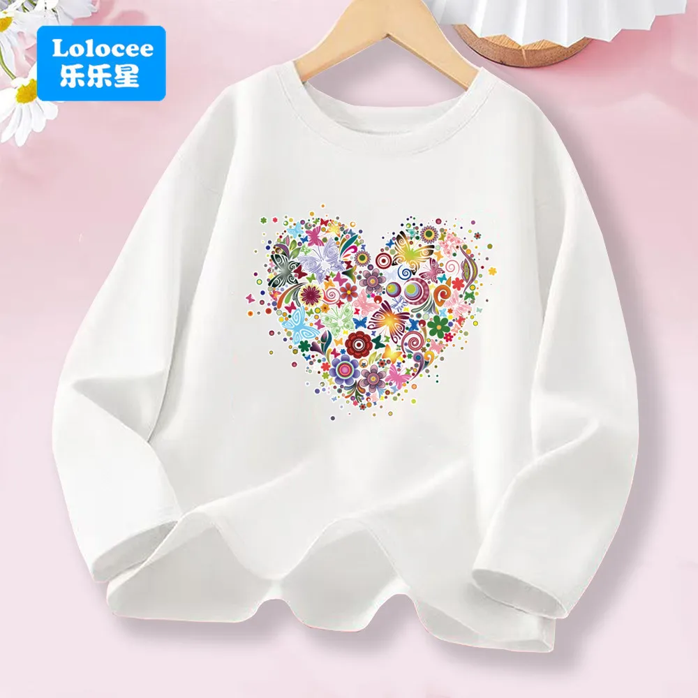 Colorful Floral Heart Pink T-shirt for Girls - Children's Soft Cotton Long Sleeve Top Tee Fashion Daily Wear