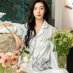 High Quality Spring And Summer New Ice Silk Women's Pajamas Letter Lapel Set Animal Print Herringbone Jacquard Pyjamas Sets Pj