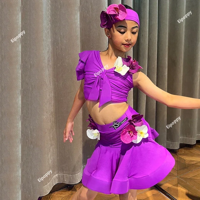 Traje de baile latino púrpura para niñas, vestidos de baile latino de Rumba, Tango, Salsa y Samba, vestido de salón de competición para niños