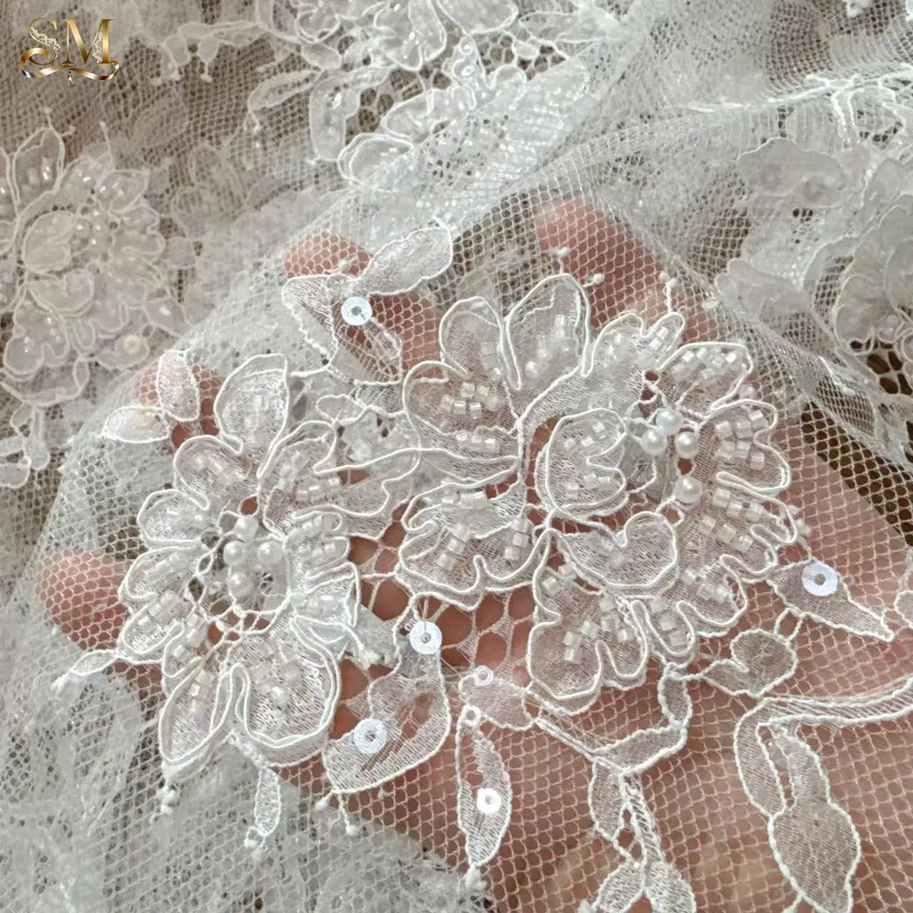 

Ткань для вышивки бисером и пайетками 3Мх1.5М. Роскошное французское кружево для вечерних платьев. Ткань для шитья.