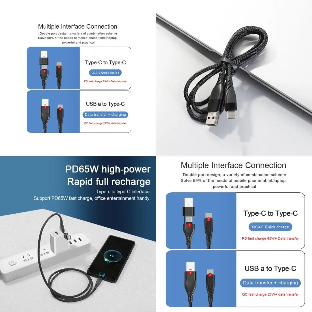 

Removable Type C to USB Cable Fast Charging and Data Transfer PD65W USB Line 601E