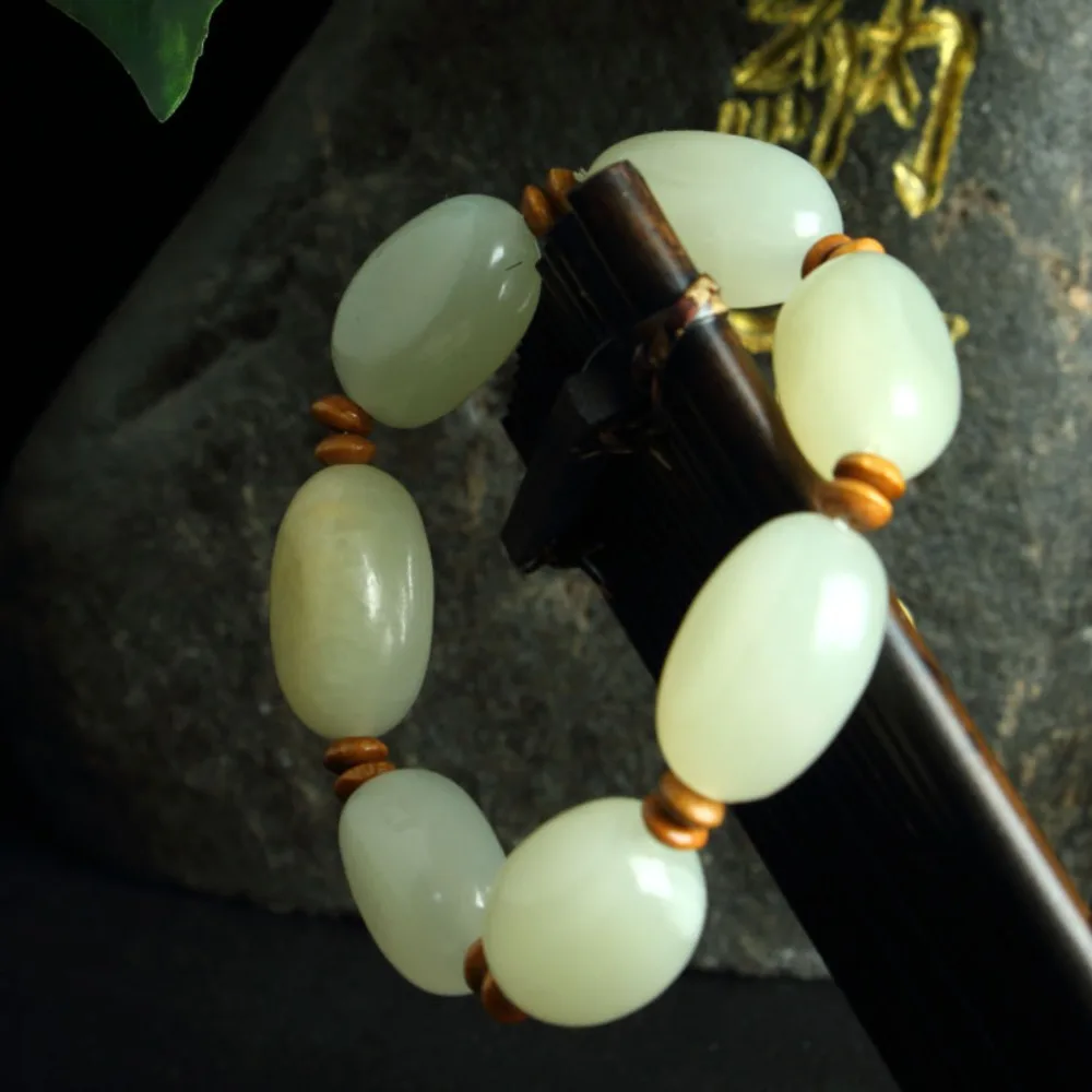 White jade bracelet Afghan jade seed shaped Chinese men's bracelet hand polished blue jade raw stone bracelet large
