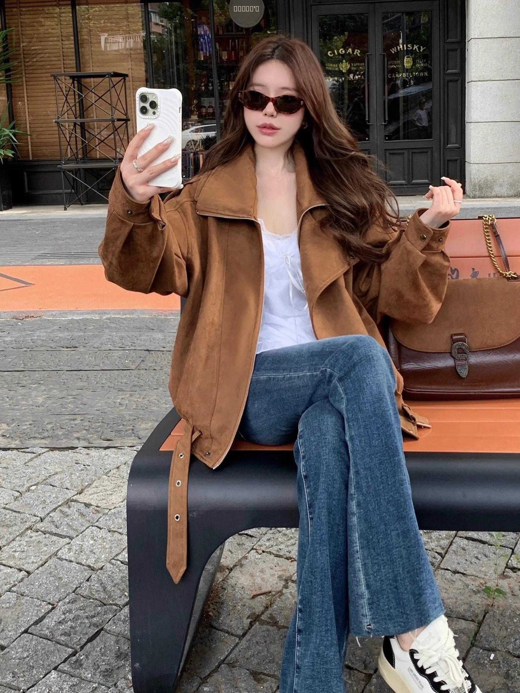 Bury Lederjacke Damen Retro Arbeitsjacke Motorradjacke Locker Geschnitten Tailliert Kurze Länge Knopfverschluss