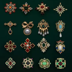 Baroque Vintage Gold Color Crystal Pearls Pin Brooches Gem Hollow Geometric Rectangle Brooch Collar for Women Jewelry