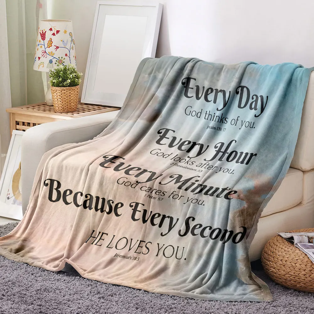 Divine Comfort Bible Verse Blanket - Soft Serene Cloudy Sky Printed Throw with 'Every Day God Thinks of You' & Scripture Referen