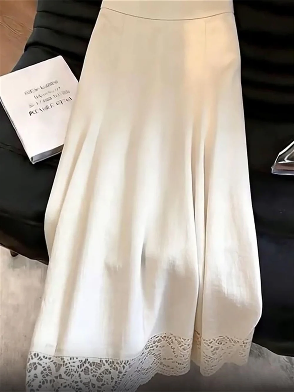 French Elegant Linen Lace Patchwork Skirt Women Spring Summer Long A-line Skirts Office Ladies Chic Solid Color Loose Faldas