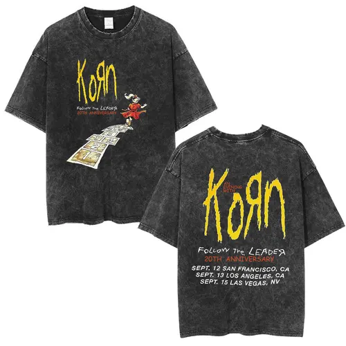 Korn Follow The Leader 20 aniversario camiseta lavada Metal gótico Rock Band camisetas hombres Vintage camiseta de gran tamaño ropa de calle