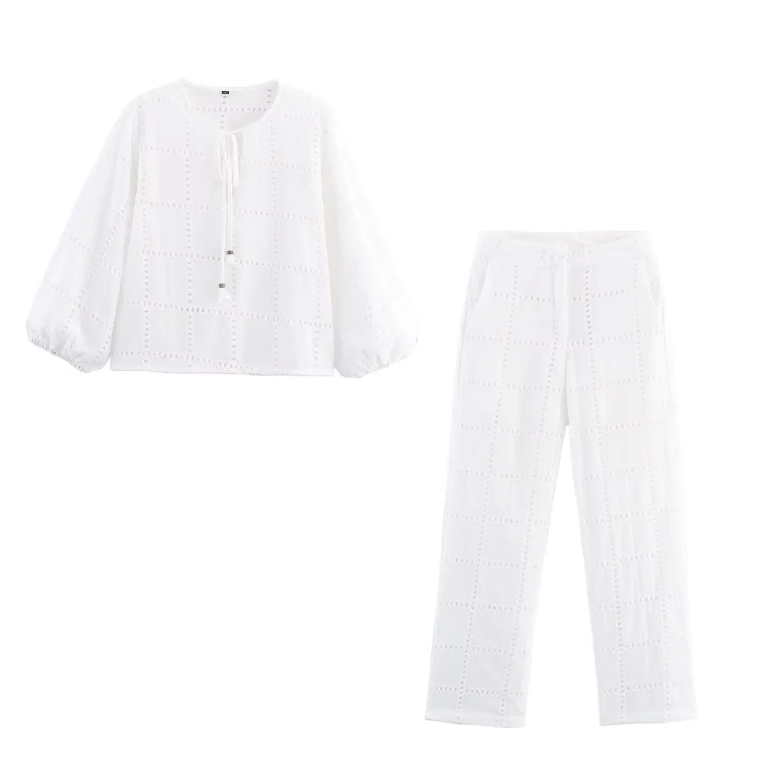 

Белые брюки с вышивкой, рубашка с длинными рукавами и круглым вырезом, весна-лето, повседневный женский наряд, женские длинные брюки, комплект из двух предметов