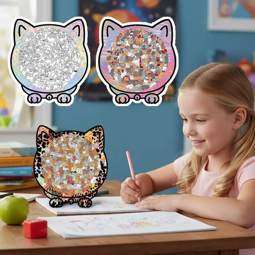 

135 PC Cat-shaped Wooden Jigsaw Puzzle Unique Irregular Puzzle Pieces Game Birthday Xmas Gifts for Cat Lovers Home Decorations