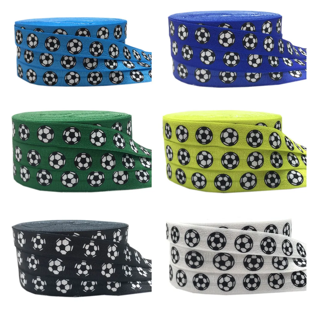 6 Colors 10 Yards Football Print Fold Over Elastic Soccer Design Elastic Ribbon 30pcs Girls Hair Band FOE DIY Hair Accessories