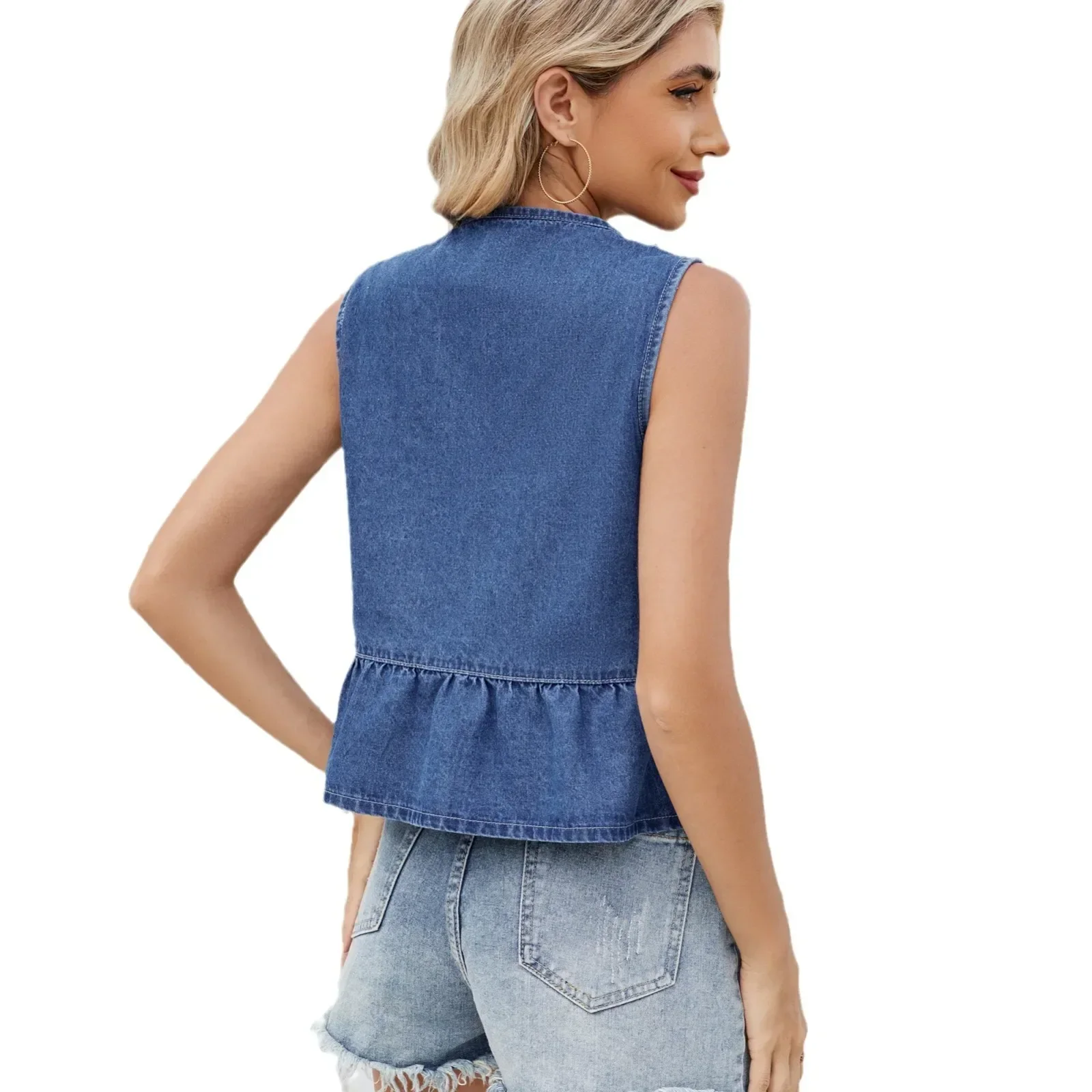 Denim Weste Frauen 2025, Weste, Schnürung, gewaschen, runder Kragen, Taschen, kurze Tops, weibliche Rüschen, ärmellose Jacke, Streetwear