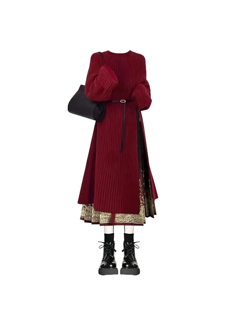 Roter Pullover und Schwanzrock, zweiteiliges Set, bezauberndes Neujahrsoutfit, traditioneller chinesischer SLE-Midirock mit hoher Taille
