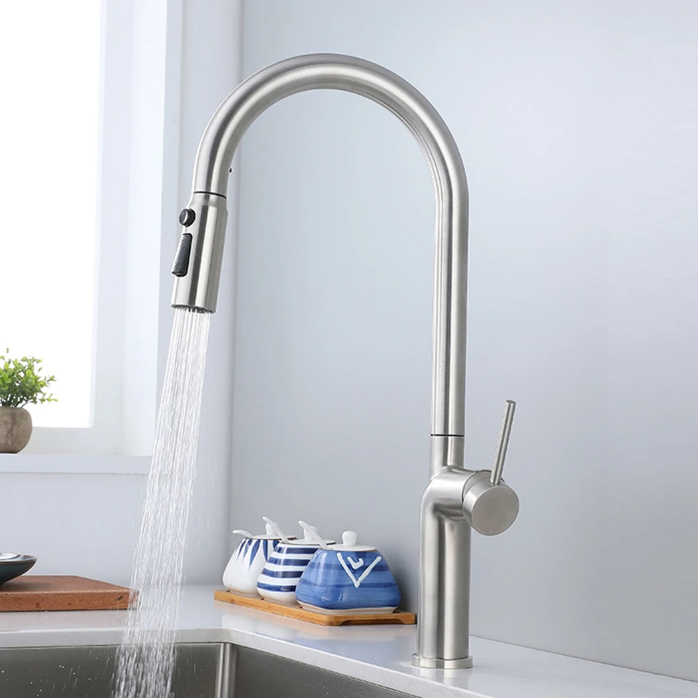 

Матовый серый, смеситель для кухонной мойки из нержавеющей стали 304, смеситель для холодной и горячей воды со шлангом, три режима выхода воды, два отверстия