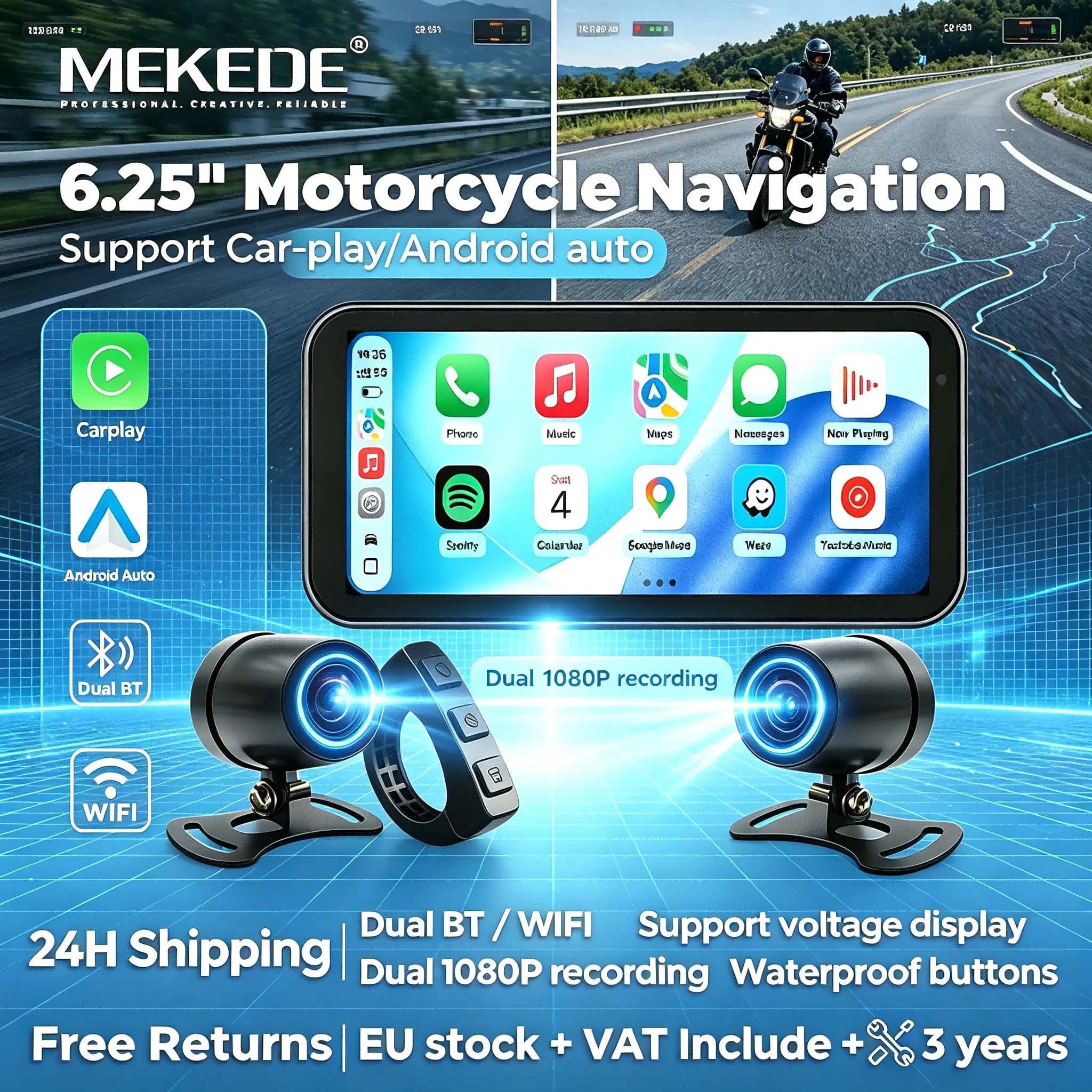 MEKEDE 6,25" Tragbares Motorrad-GPS MOTO-Navigation Kabelloses Carplay Android Auto Wasserdichter Bildschirm DVR Fahrtenschreiber Monitor
