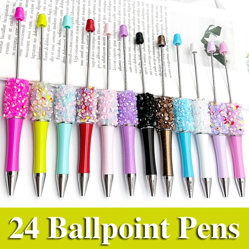 

24Pcs Diamond Ballpoint Pen DIY Bead Pen Plastic Beadable School Office Writing Supplies Stationery