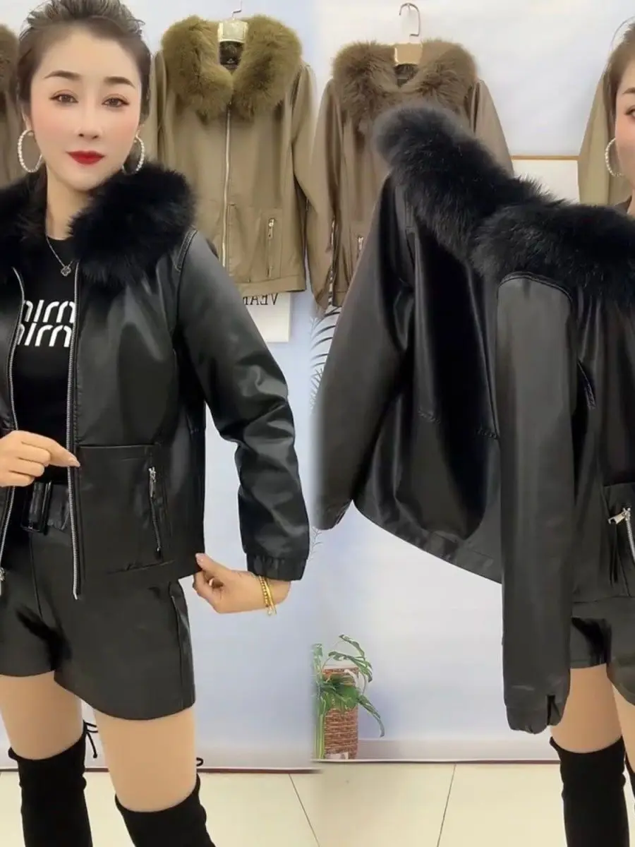 Amerikaanse Sle Faux Fur Kraag Zoete Cool Jaet Leren Jas Dames Winterkleding 2026 Nieuwe Thiened Losse Open Cardig...
