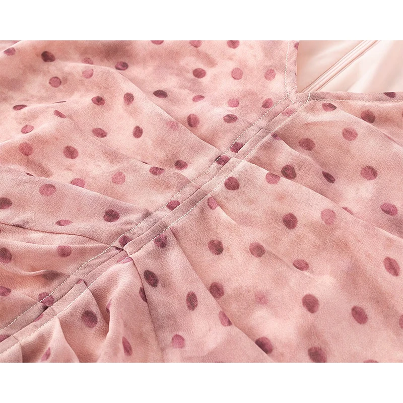 YENKYE 新ファッション女性フレンチスタイルドットプリントサマードレス半袖 V ネック A ラインエレガントなホリデードレスミディローブ