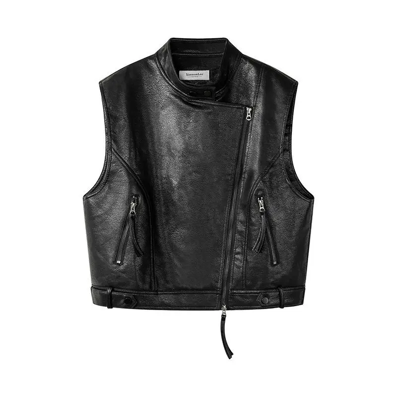 Fashionable PU Leather Jacket, Vest, Women's New Spring and Autumn Leather Jacket, Stylish Short Sleeveless Waistcoat, Trendy