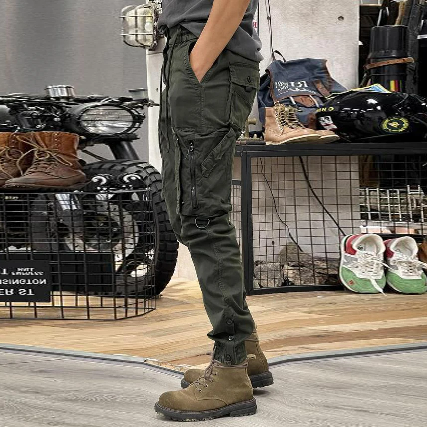 KIDWHXR Herren Cargo-Hose Taktische Arbeitshose Outdoor-Sport Freizeithose Einfarbige Hose mit Kordelzug und Taschen – Detail 7