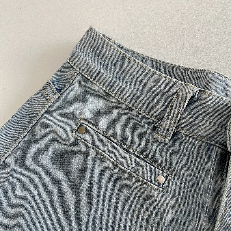 Calça jeans azul vintage feminina, cintura alta, jeans de perna larga, bainha desfiada, solta, fina para o verão, feminina versátil, roupa de comutar, sólida